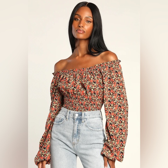 Lulus Tops - Lulus Beauty Embodied Black Floral Off-the-Shoulder Smocked Bodysuit